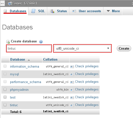 phpMyAdmin, create database